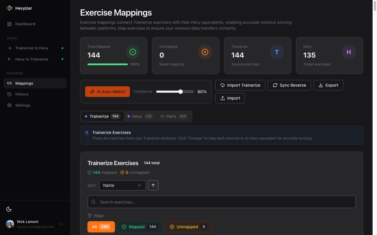 Hevyizer AI matching showing smart exercise pairing