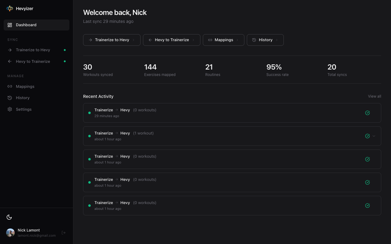 Hevyizer dashboard showing connection status and quick actions