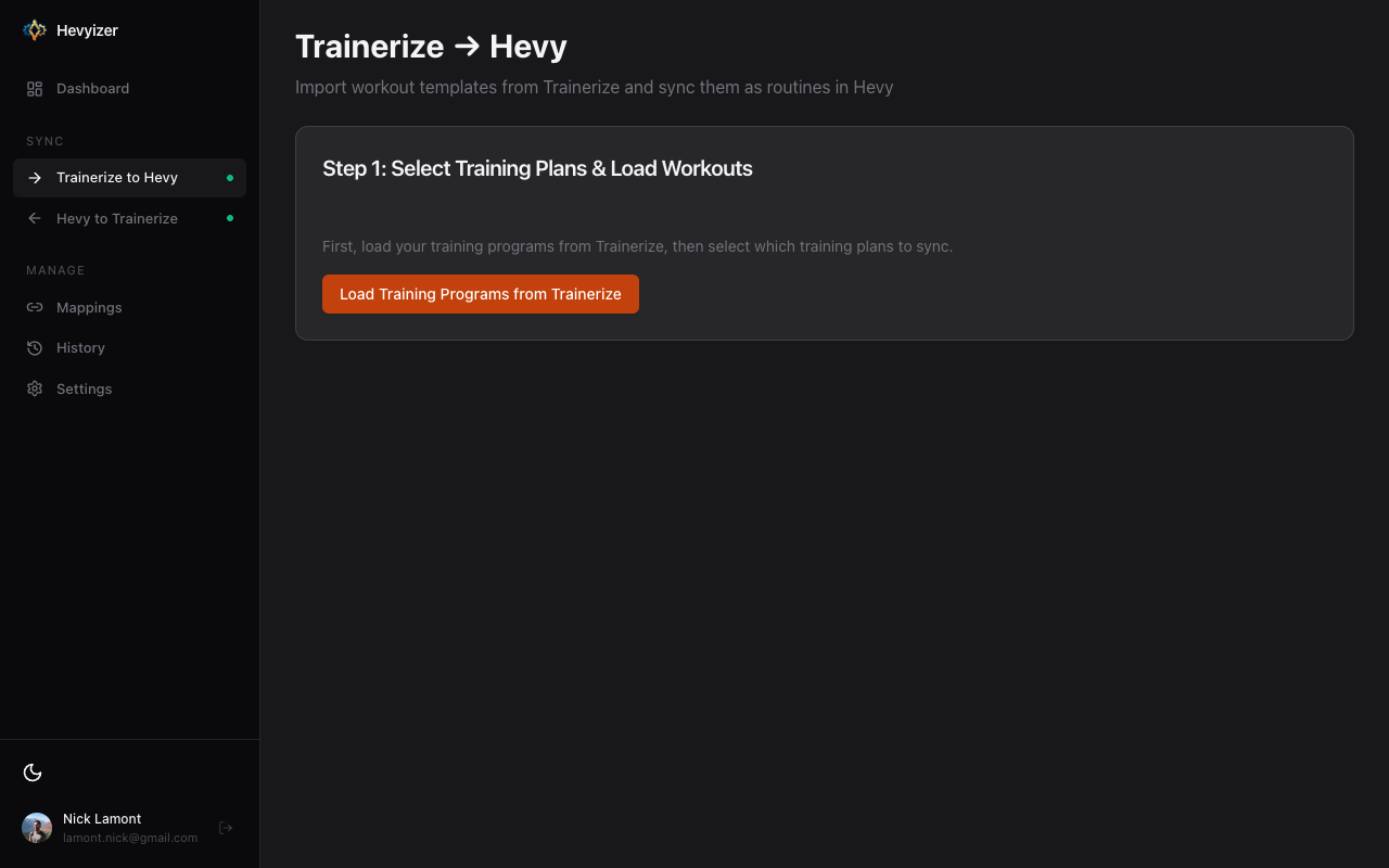 Hevyizer sync interface showing workout transfer between Trainerize and Hevy